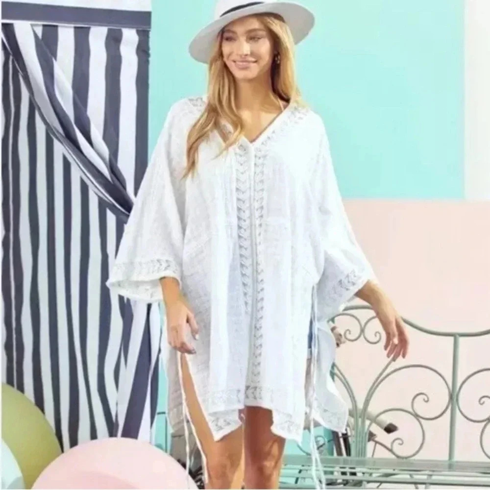 🌴3/$30🌴DOE & RAE White Oversized Embroidered Cotton Swimsuit Cover-Up NWT - Picture 1 of 12